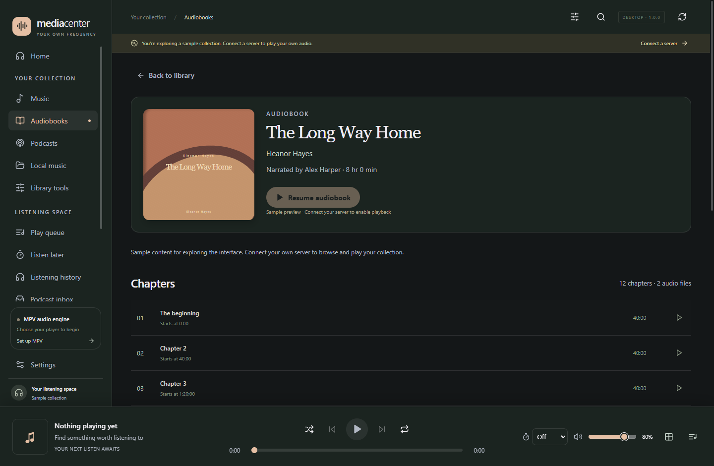 An audiobook detail page with author, narrator, resume control, and chapter list