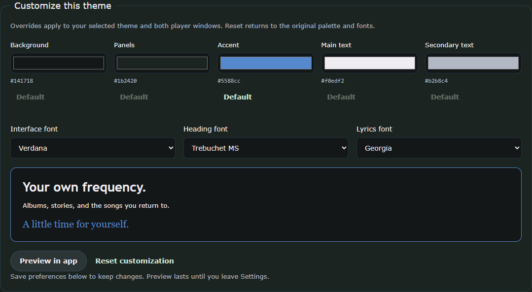 Theme customization with five color controls, interface, heading and lyric fonts, preview, and reset