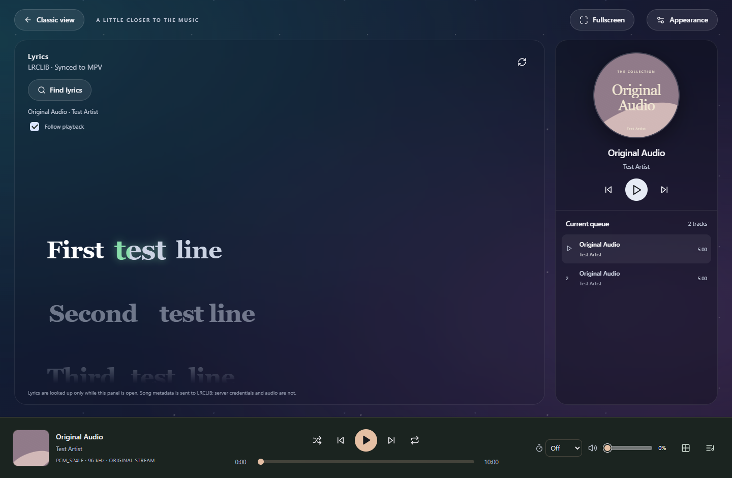 Starlight immersive player with synchronized demonstration lyrics and the current queue on the right