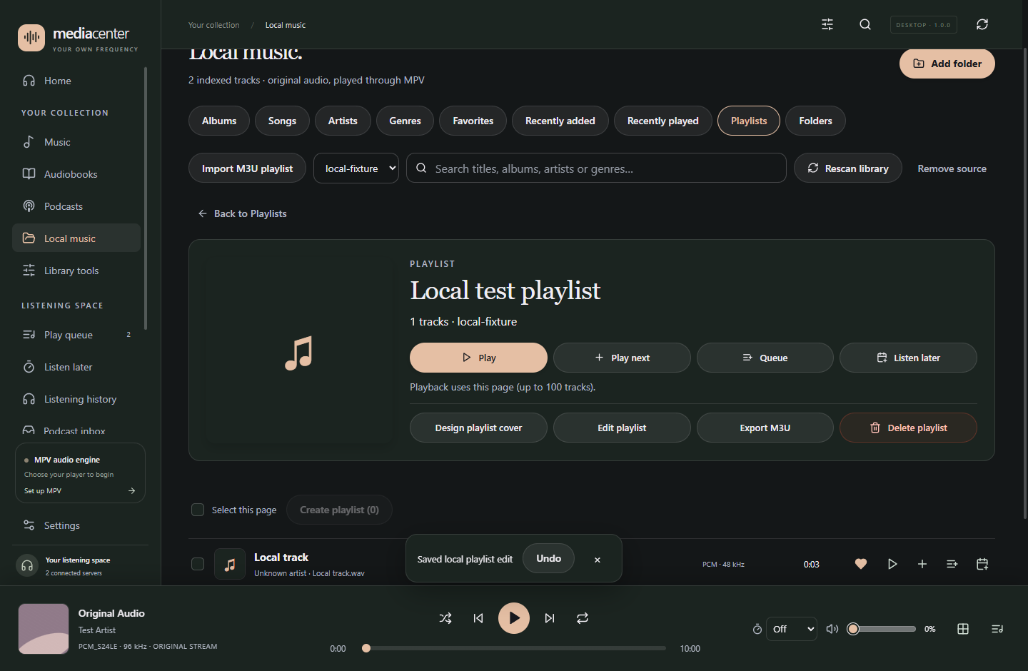 Local music collection tabs and a saved playlist with original audio tracks