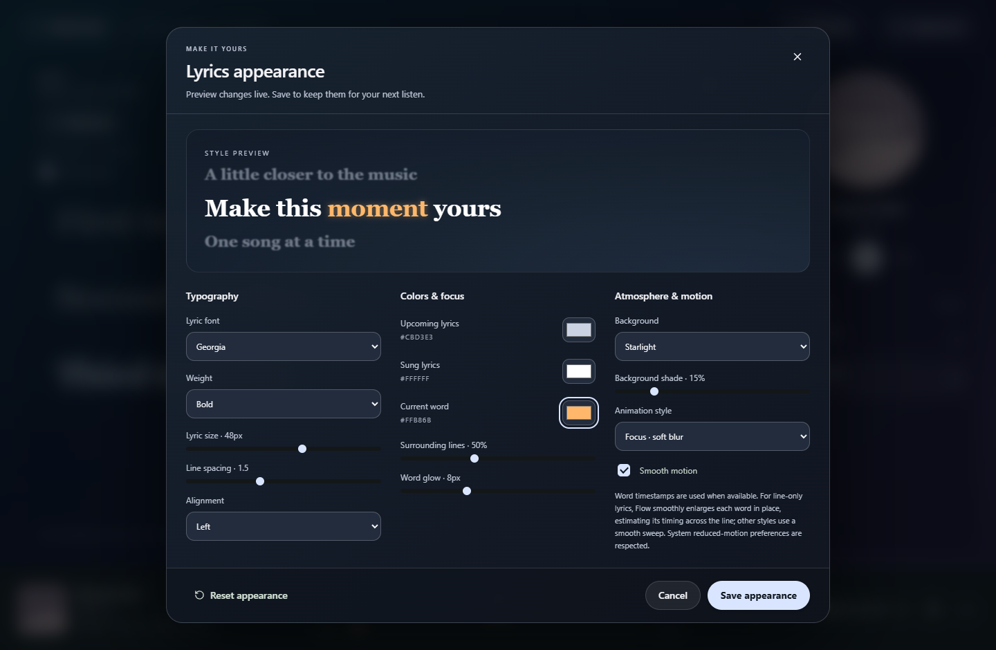 Lyric appearance popup with font, size, color, spacing, background and animation options
