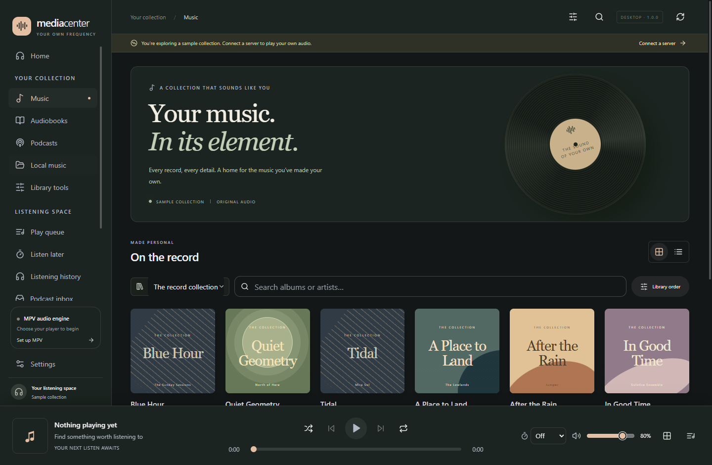 Media Center music library with album covers, search, navigation, and the persistent player