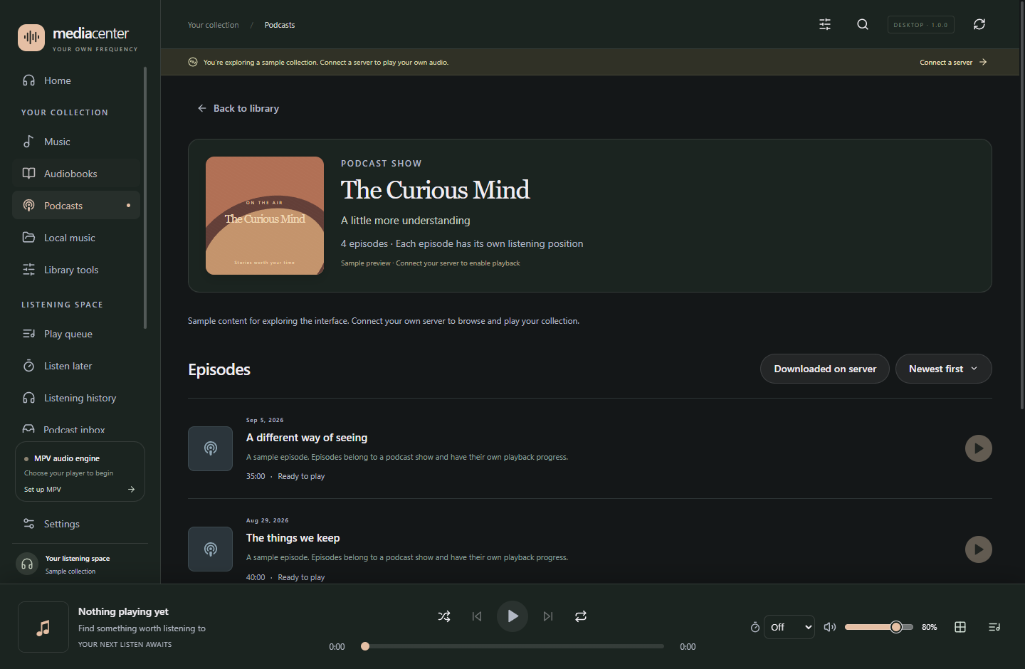 Podcast show detail with independently playable episodes and episode filters