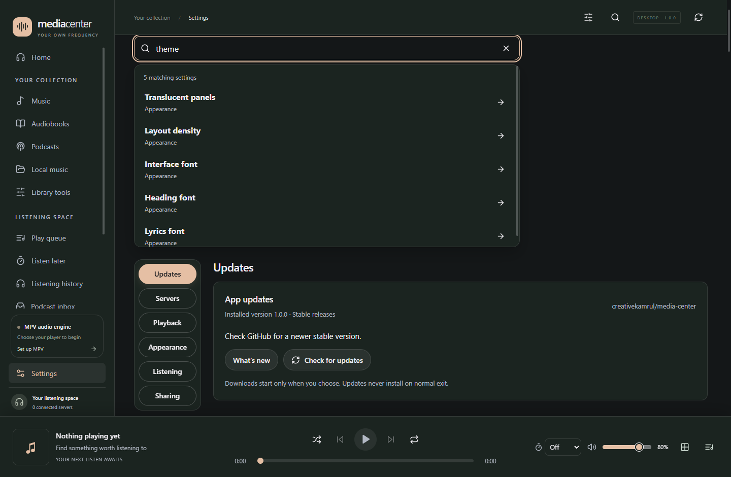 Settings search with matching labels and sections